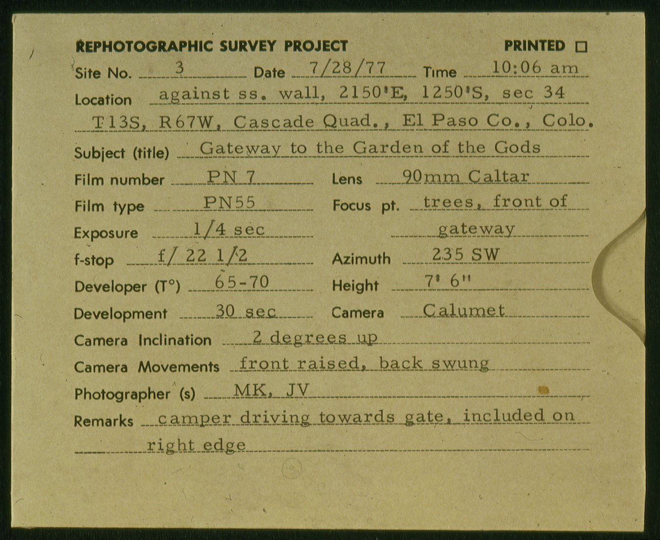 Envelope recording site data for 4x5 negatives.