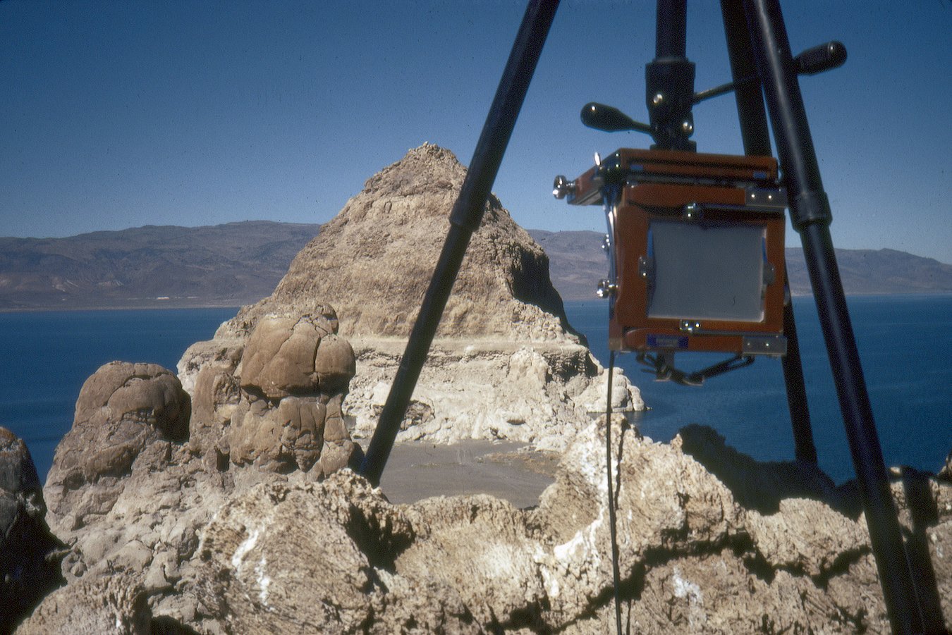 4x5 camera elevated above tufa knob where Timothy O’Sullivan placed his larger camera to photograph Pyramid Isle, Pyramid Lake, Nevada, 1979.