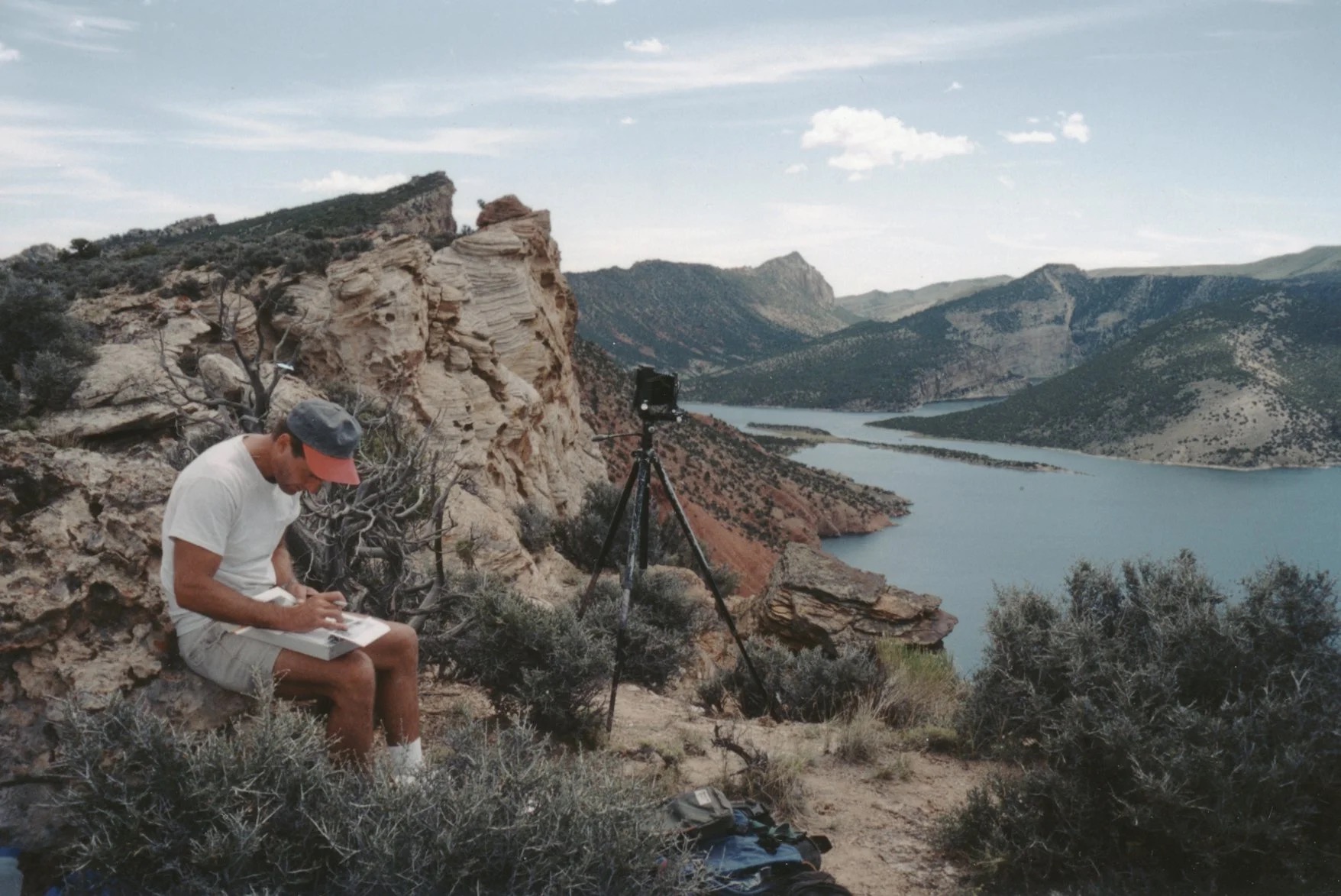 Mark recording data at O’Sullivan’s vantage point above the Green River, now reservoir, Wyoming 1998